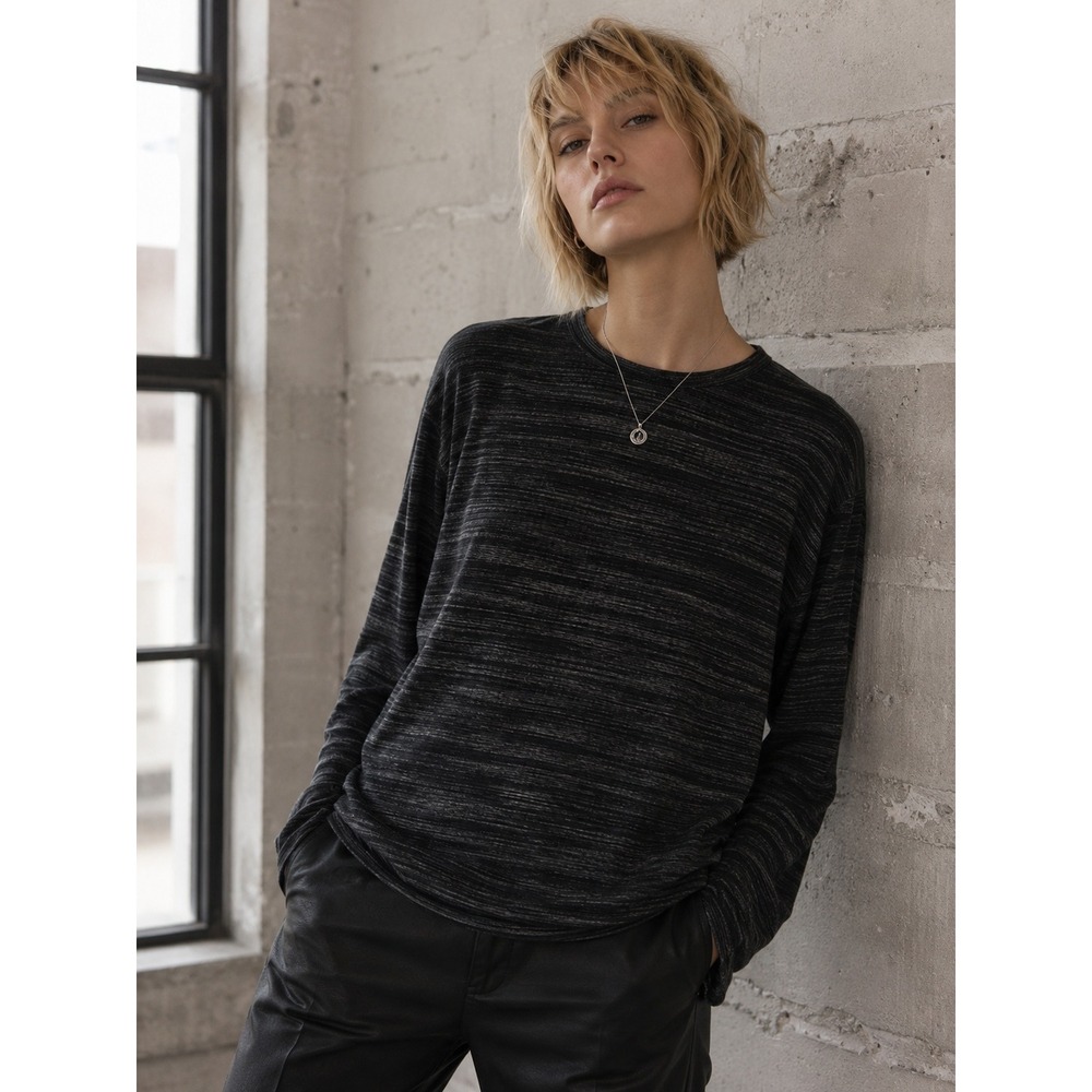 AllSaints Womens XL Black Grey Space Dye‎ Long Sleeve Crew Neck Top Knit Shirt